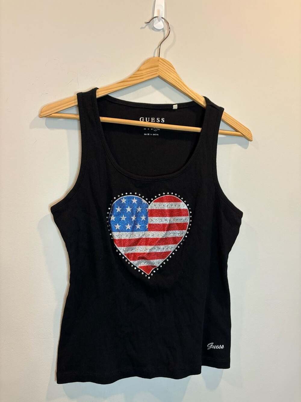 GUESS Los Angeles Women's Black Ribbed Tank Top with Rhinestone American Flag He